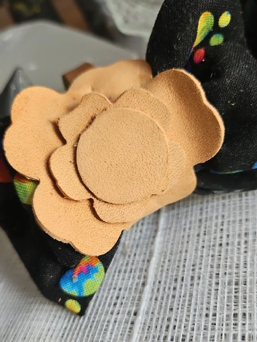 Hand Crafted Black Neon Paw Print Bow Tie with Tan Leather Flower Avcent NEW